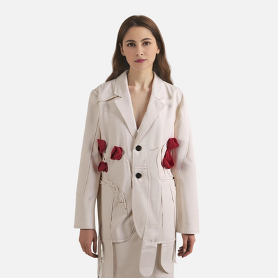 Elegant White Trench Coat with 3D Floral Accents