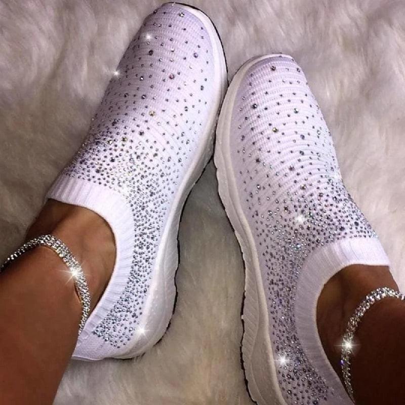 White Women's Crystal Sneakers - Casual Slip-On Espadrilles