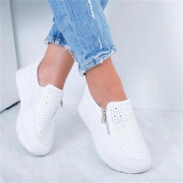White Women's Crystal Sneakers - Casual Slip-On Espadrilles