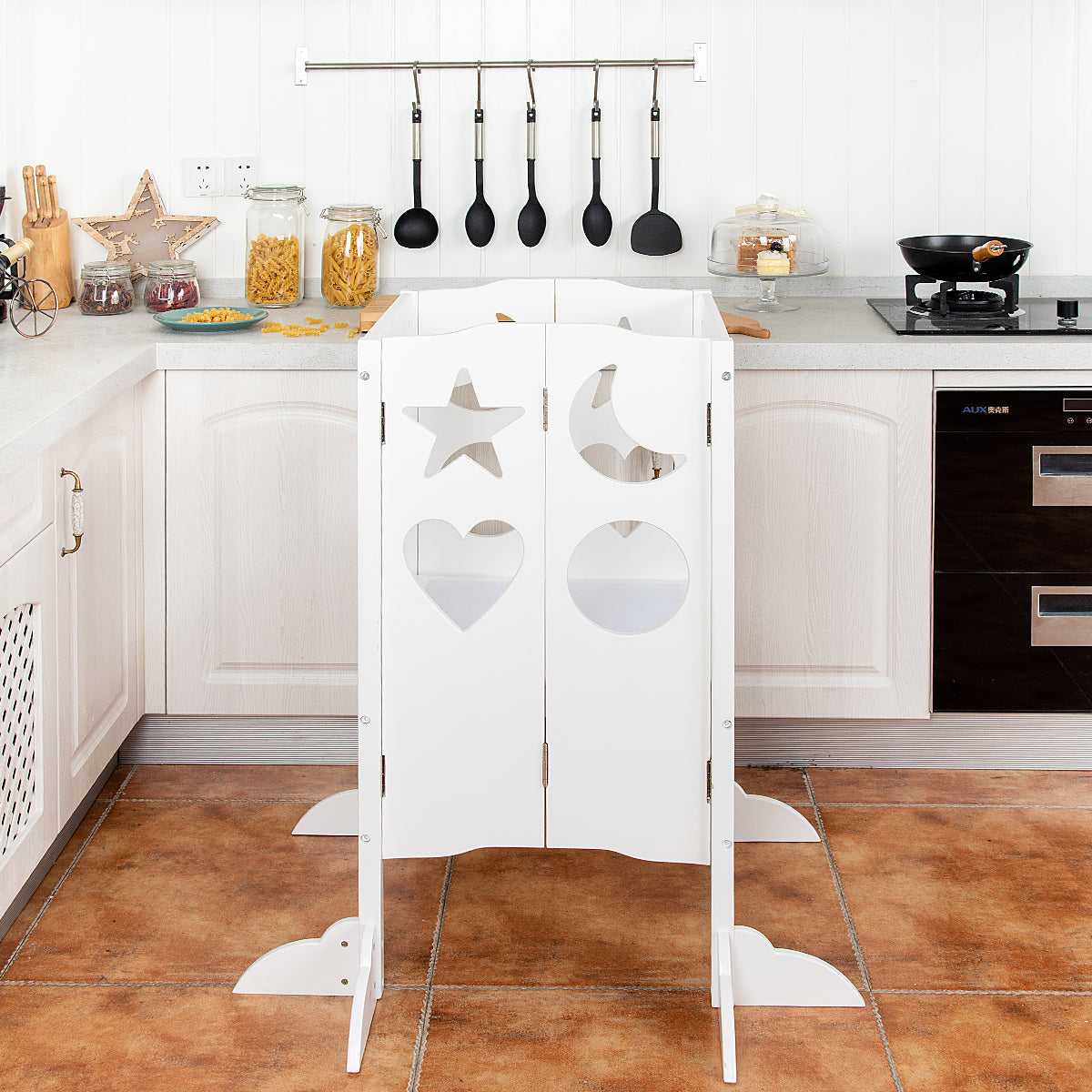 Folding Kids Kitchen Helper Step Stool - White
