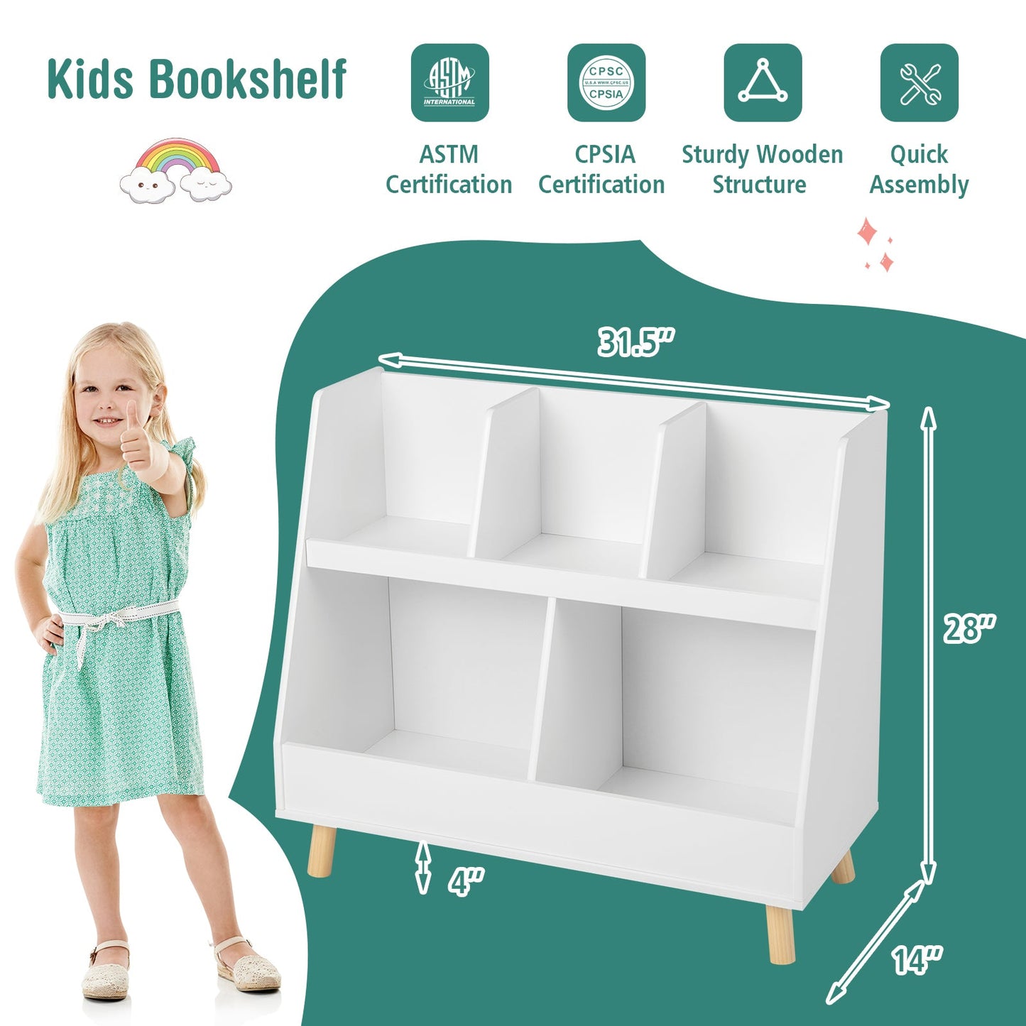 5-Cube Kids Bookshelf and Toy Organizer - White