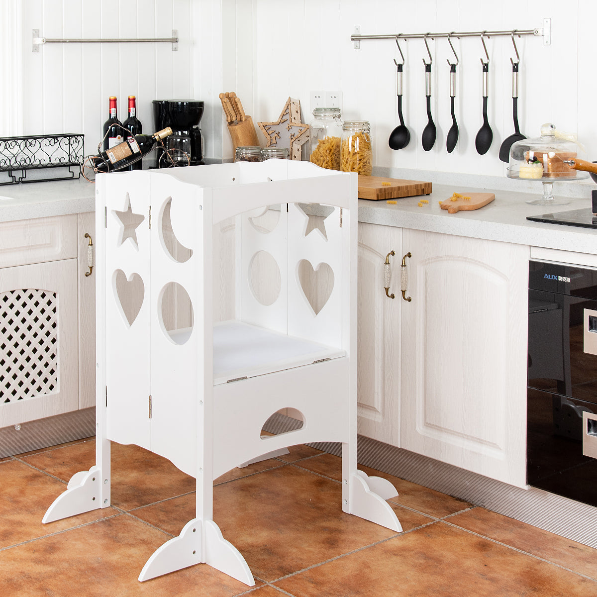 Folding Kids Kitchen Helper Step Stool - White