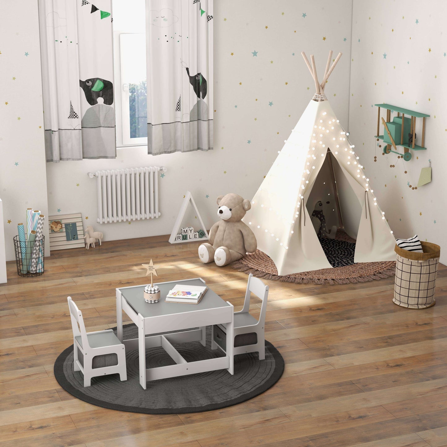 Juego de Mesa y Sillas para Niños con Almacenamiento y Pizarra