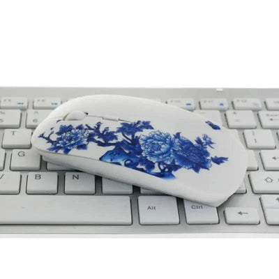 Wireless Blue White Flower Pattern Optical Mouse - 1600 DPI