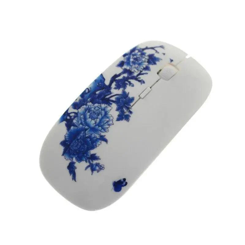 Ratón óptico inalámbrico con patrón de flores azules y blancas - 1600 DPI