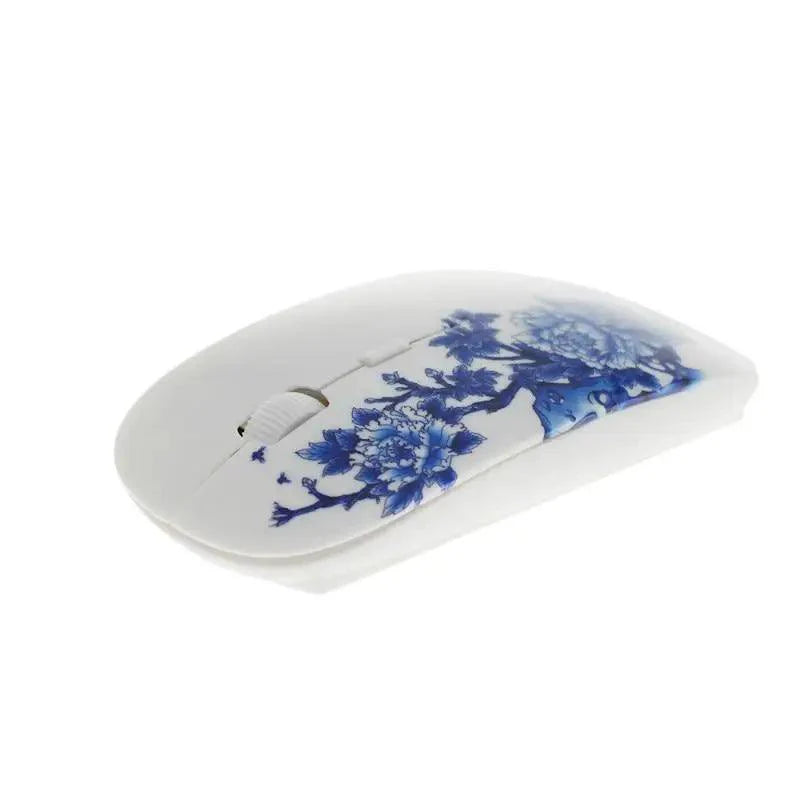 Ratón óptico inalámbrico con patrón de flores azules y blancas - 1600 DPI