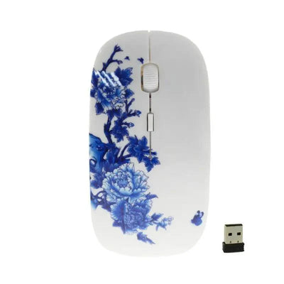 Wireless Blue White Flower Pattern Optical Mouse - 1600 DPI