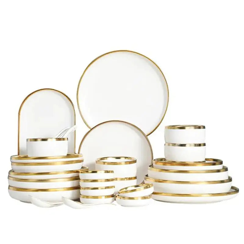 Ensemble de Plateaux à Dîner en Porcelaine Blanche à Bord Doré Mat