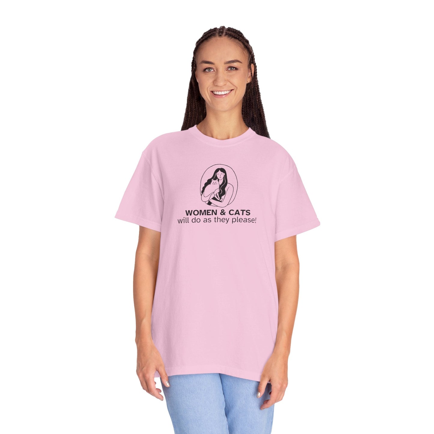 Camiseta Gráfica de Mujeres y Gatos - Camiseta Unisex Teñida en Prenda