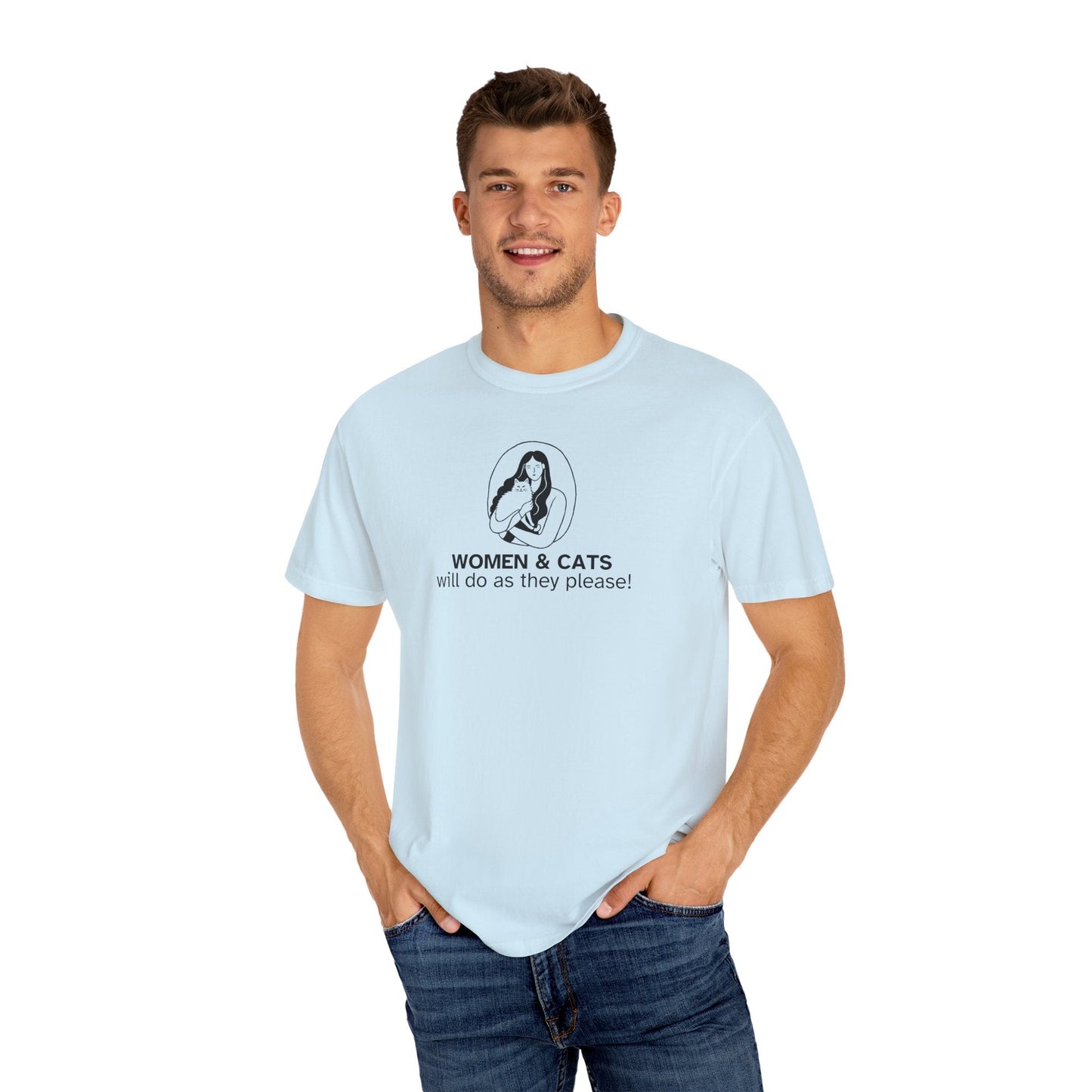 Camiseta Gráfica de Mujeres y Gatos - Camiseta Unisex Teñida en Prenda