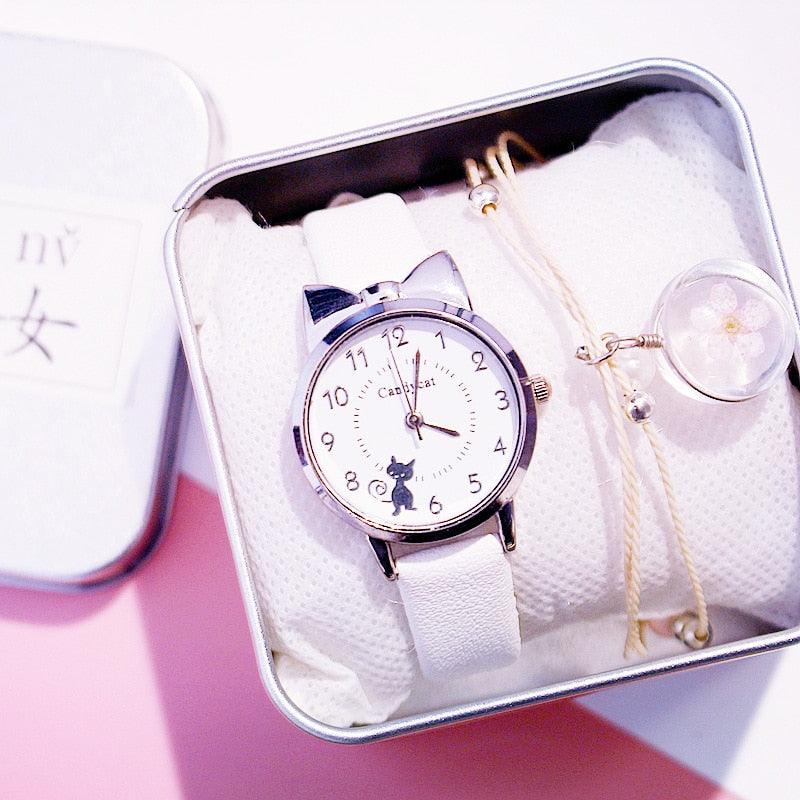 Ensemble de Montres pour Femmes avec Cadran Chat Charmant et Bracelet en Cuir Rose