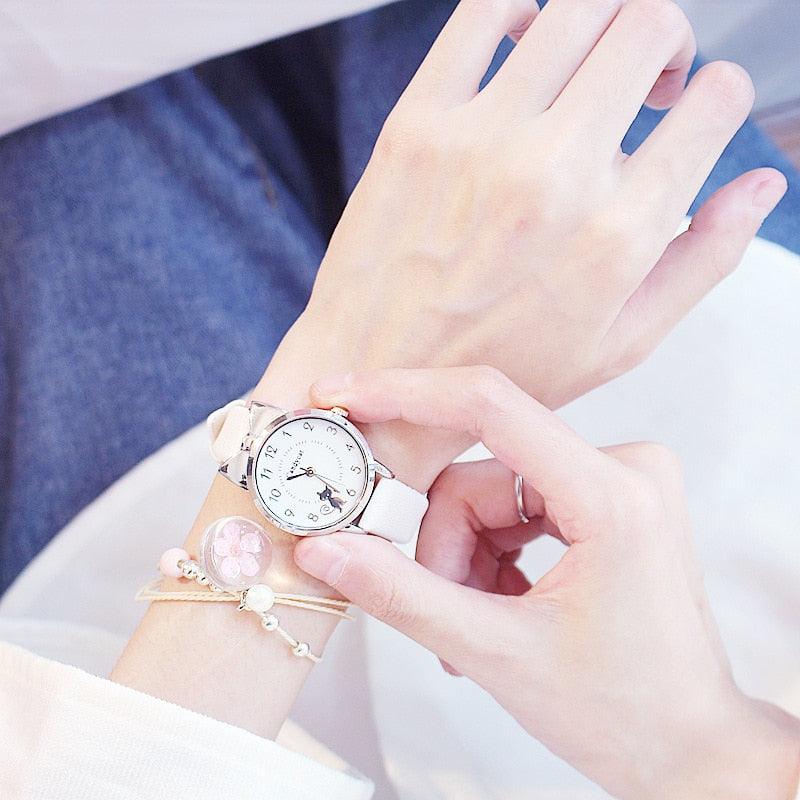 Ensemble de Montres pour Femmes avec Cadran Chat Charmant et Bracelet en Cuir Rose