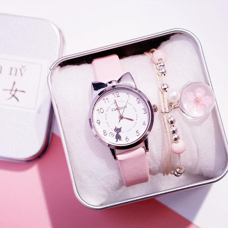 Ensemble de Montres pour Femmes avec Cadran Chat Charmant et Bracelet en Cuir Rose