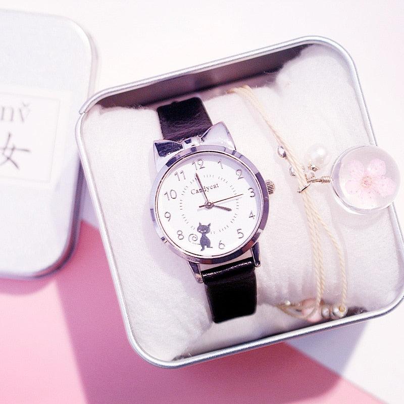 Ensemble de Montres pour Femmes avec Cadran Chat Charmant et Bracelet en Cuir Rose