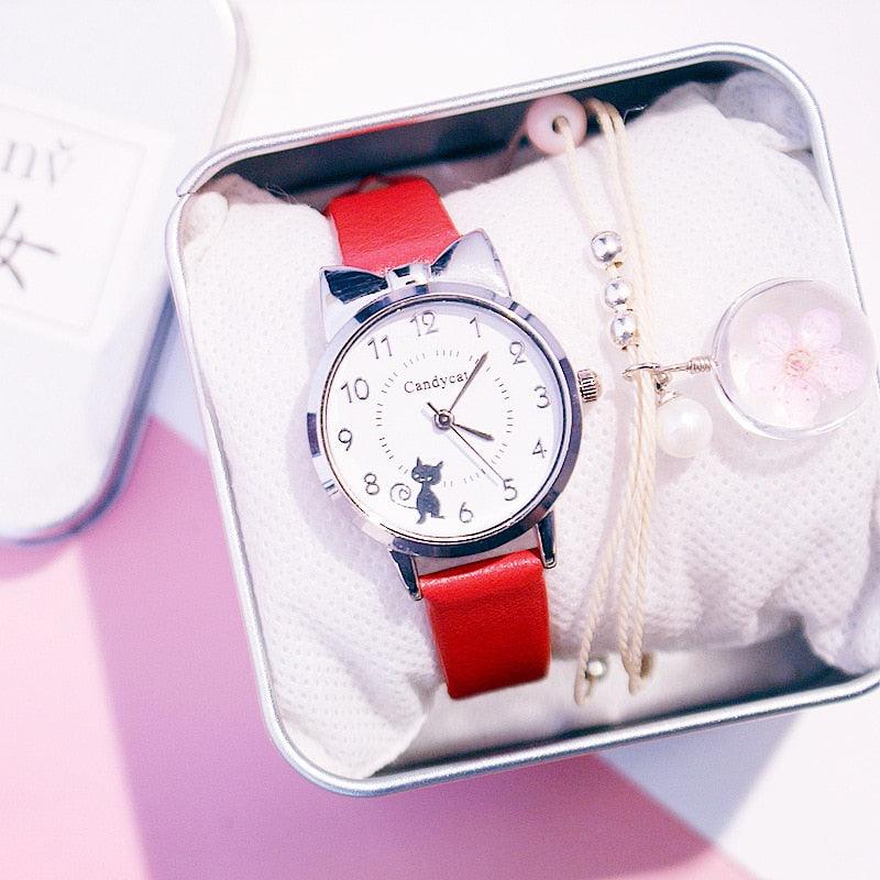 Ensemble de Montres pour Femmes avec Cadran Chat Charmant et Bracelet en Cuir Rose