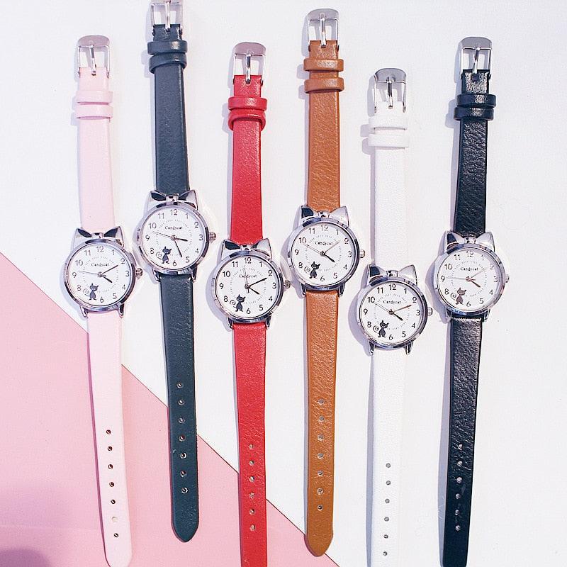 Ensemble de Montres pour Femmes avec Cadran Chat Charmant et Bracelet en Cuir Rose
