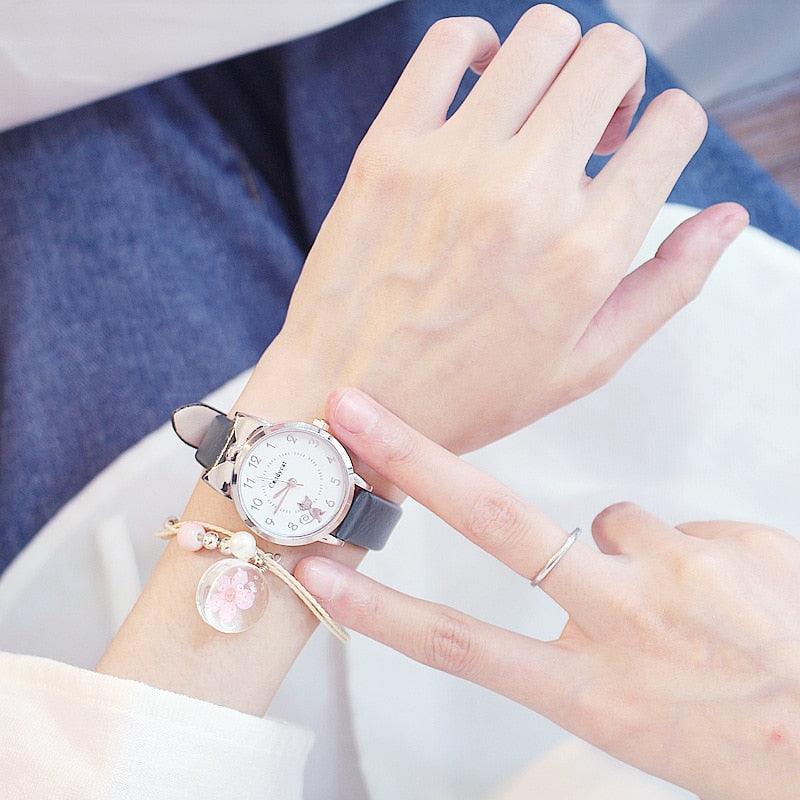 Ensemble de Montres pour Femmes avec Cadran Chat Charmant et Bracelet en Cuir Rose