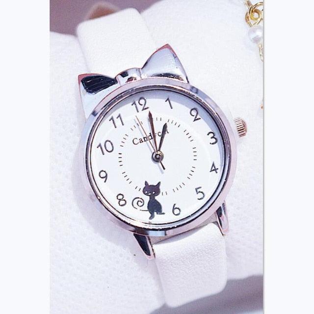 Ensemble de Montres pour Femmes avec Cadran Chat Charmant et Bracelet en Cuir Rose