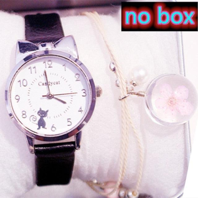 Ensemble de Montres pour Femmes avec Cadran Chat Charmant et Bracelet en Cuir Rose