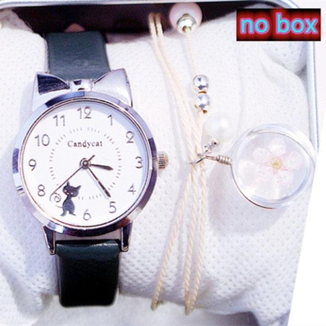 Ensemble de Montres pour Femmes avec Cadran Chat Charmant et Bracelet en Cuir Rose