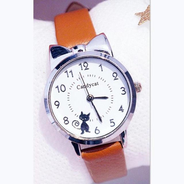 Ensemble de Montres pour Femmes avec Cadran Chat Charmant et Bracelet en Cuir Rose