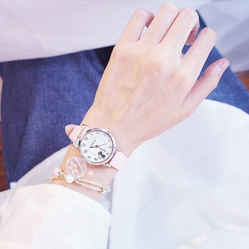 Ensemble de Montres pour Femmes avec Cadran Chat Charmant et Bracelet en Cuir Rose