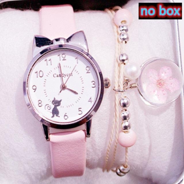 Ensemble de Montres pour Femmes avec Cadran Chat Charmant et Bracelet en Cuir Rose