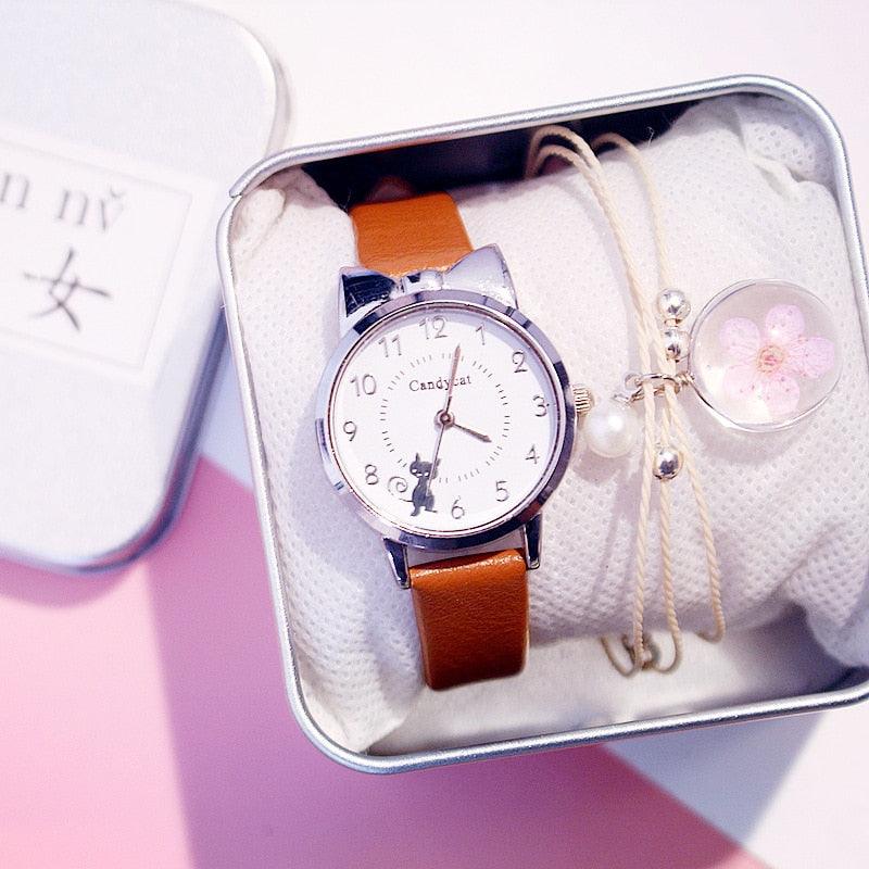Ensemble de Montres pour Femmes avec Cadran Chat Charmant et Bracelet en Cuir Rose
