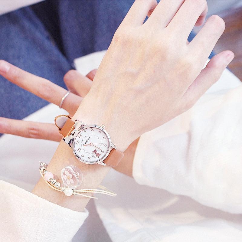 Ensemble de Montres pour Femmes avec Cadran Chat Charmant et Bracelet en Cuir Rose