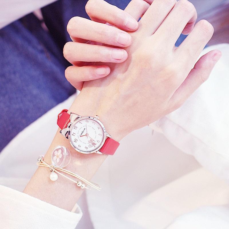 Ensemble de Montres pour Femmes avec Cadran Chat Charmant et Bracelet en Cuir Rose