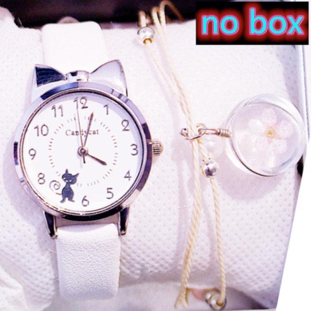 Ensemble de Montres pour Femmes avec Cadran Chat Charmant et Bracelet en Cuir Rose