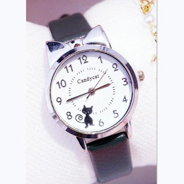 Ensemble de Montres pour Femmes avec Cadran Chat Charmant et Bracelet en Cuir Rose