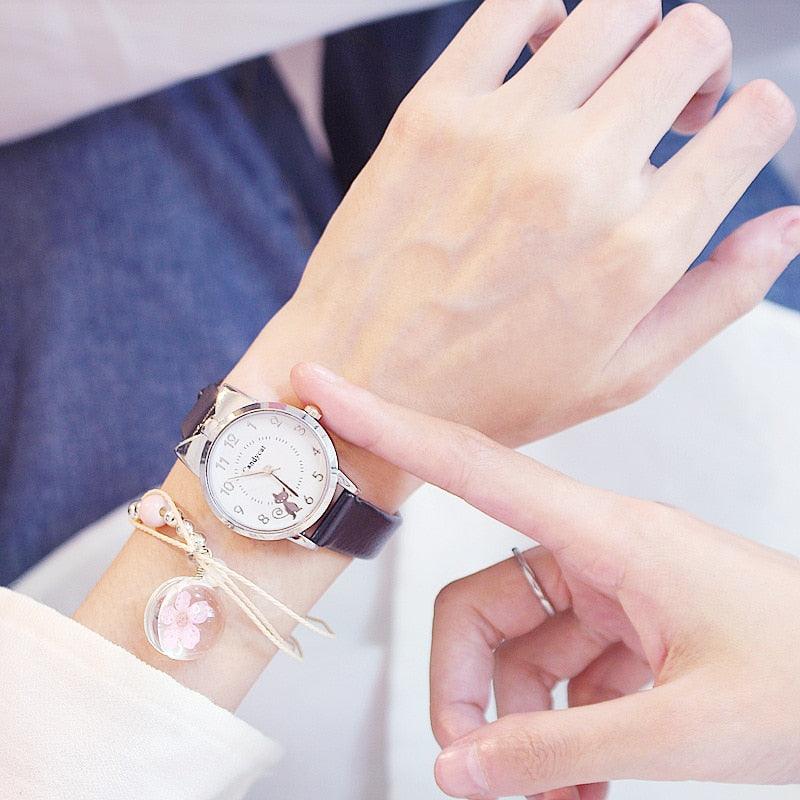 Ensemble de Montres pour Femmes avec Cadran Chat Charmant et Bracelet en Cuir Rose