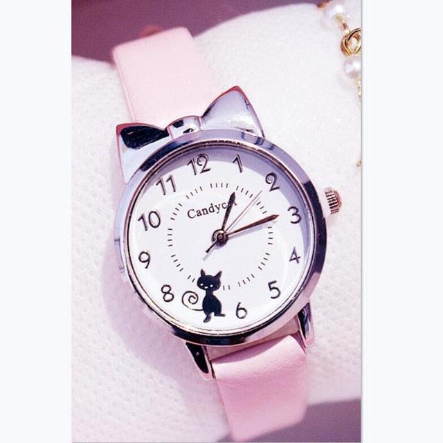 Ensemble de Montres pour Femmes avec Cadran Chat Charmant et Bracelet en Cuir Rose