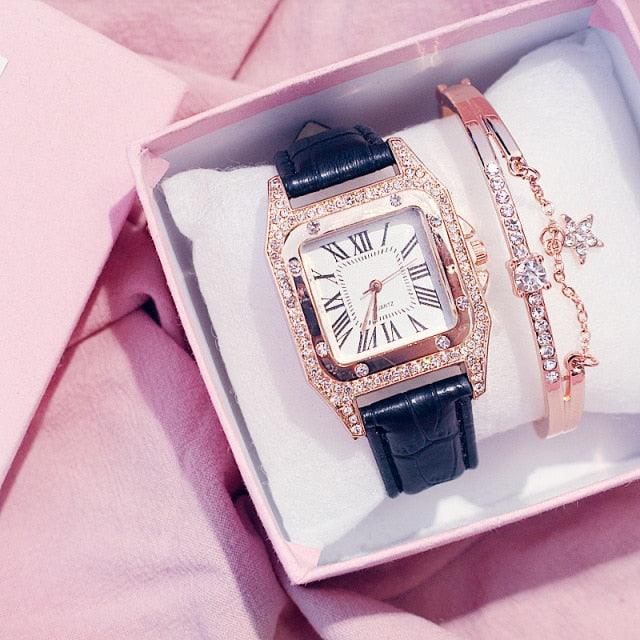 Montre en diamant élégante pour femmes avec cadran carré et bracelet en cuir