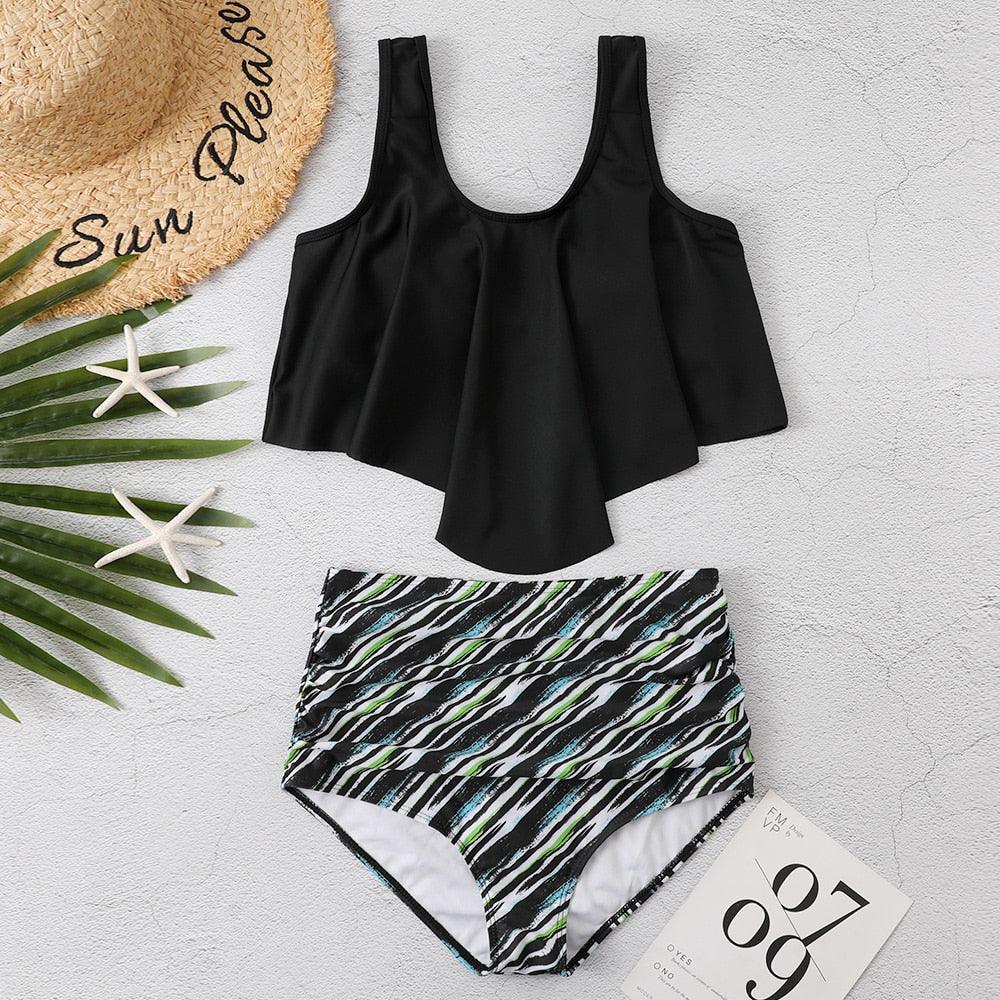 Conjunto de Bikini con Volantes de Cintura Alta para Tallas Grandes para Mujeres