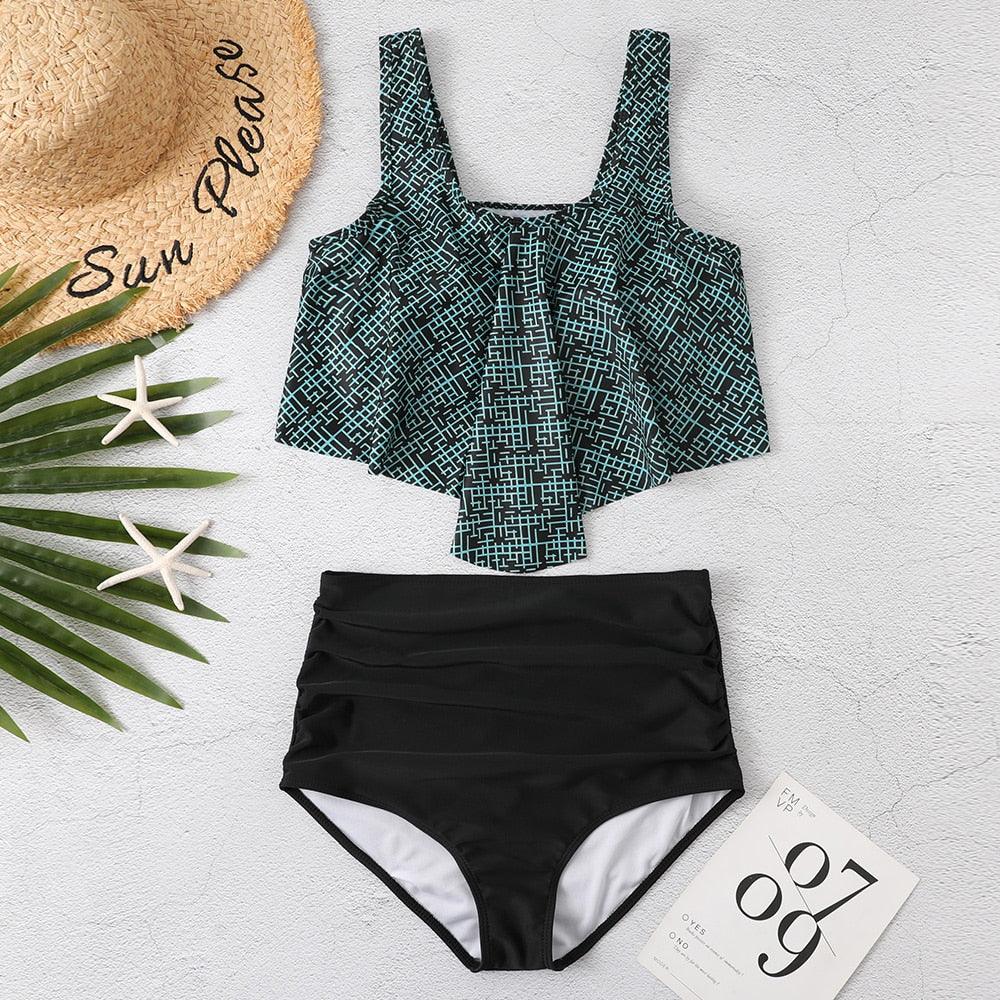 Conjunto de Bikini con Volantes de Cintura Alta para Tallas Grandes para Mujeres
