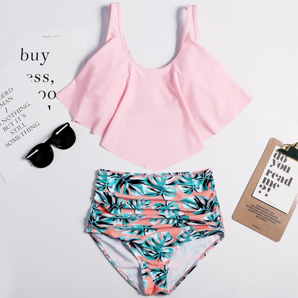 Conjunto de Bikini con Volantes de Cintura Alta para Tallas Grandes para Mujeres