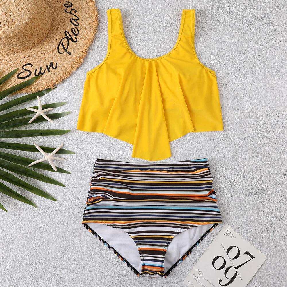 Conjunto de Bikini con Volantes de Cintura Alta para Tallas Grandes para Mujeres