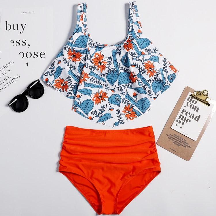 Conjunto de Bikini con Volantes de Cintura Alta para Tallas Grandes para Mujeres
