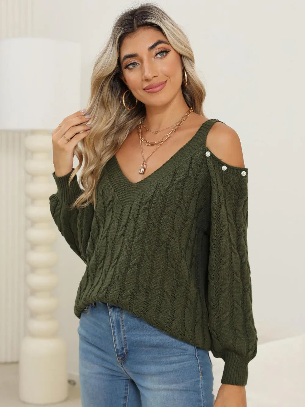 Women's autumn and winter deep V sexy off shoulder loose pullover sweater top for women - Korvel