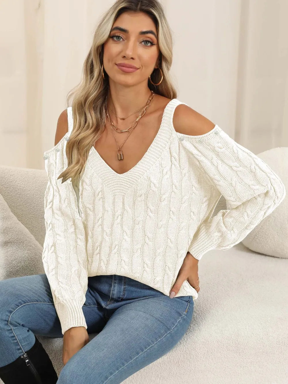 Women's autumn and winter deep V sexy off shoulder loose pullover sweater top for women - Korvel