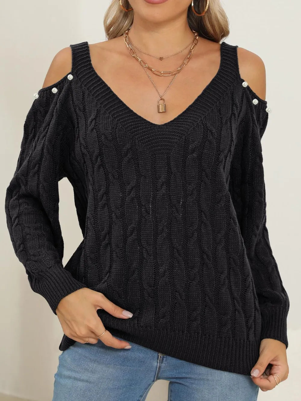 Women's autumn and winter deep V sexy off shoulder loose pullover sweater top for women - Korvel