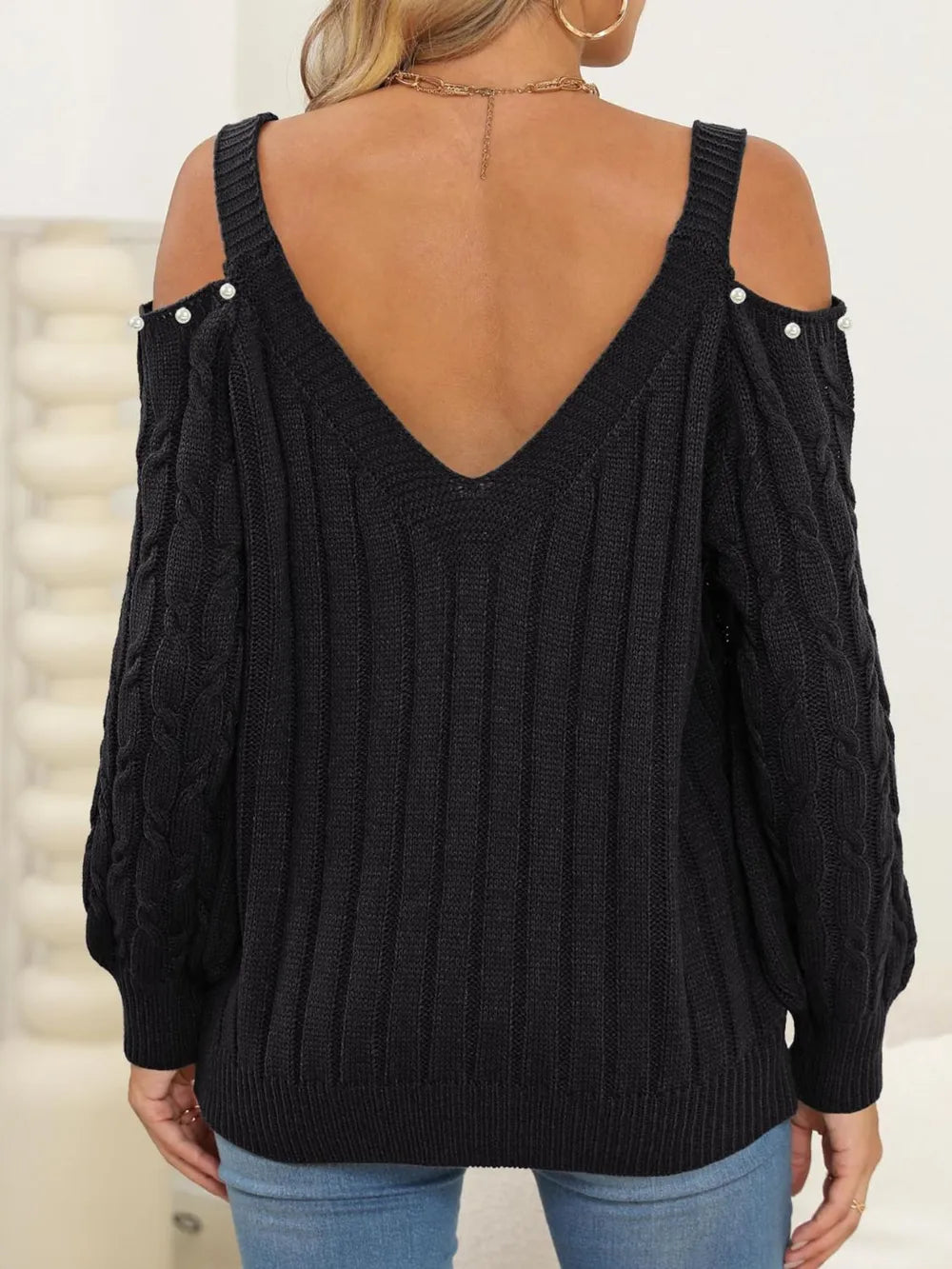Women's autumn and winter deep V sexy off shoulder loose pullover sweater top for women - Korvel