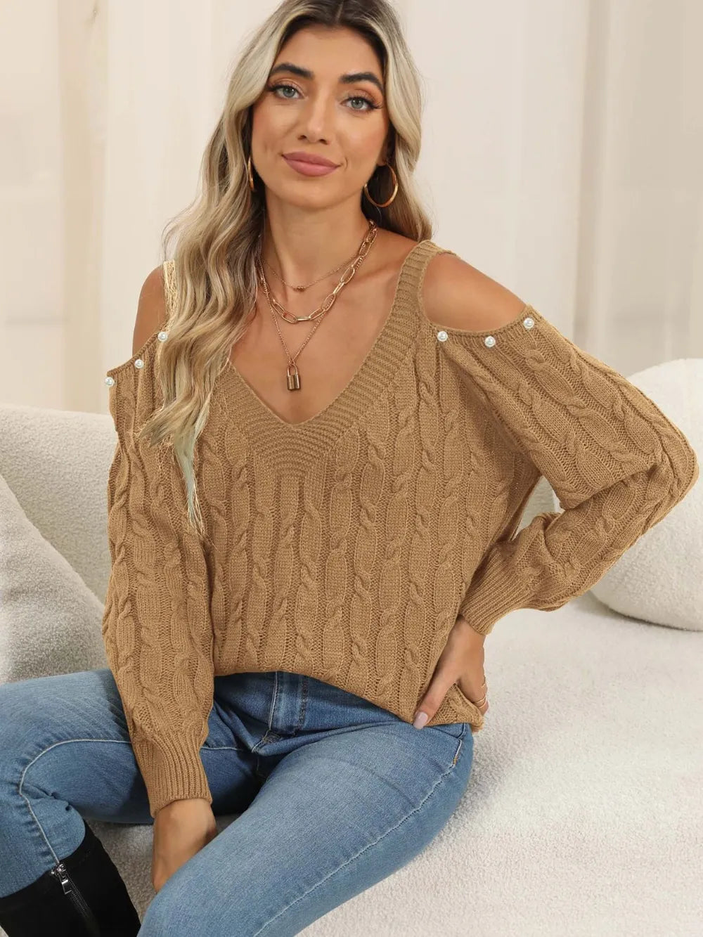 Women's autumn and winter deep V sexy off shoulder loose pullover sweater top for women - Korvel