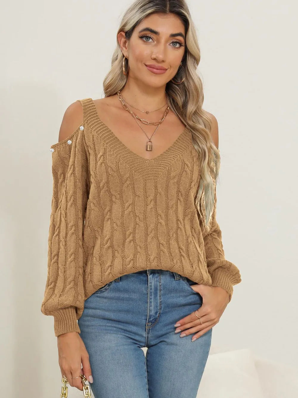 Women's autumn and winter deep V sexy off shoulder loose pullover sweater top for women - Korvel