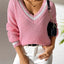 Women's College Style Women's Sweater Color Contrasting V-neck Loose Sweater - Korvel