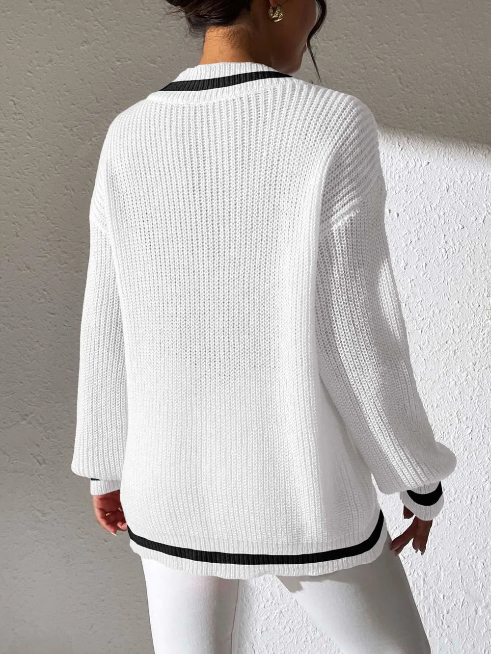 Women's College Style Women's Sweater Color Contrasting V-neck Loose Sweater - Korvel