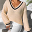 Women's College Style Women's Sweater Color Contrasting V-neck Loose Sweater - Korvel