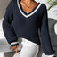 Women's College Style Women's Sweater Color Contrasting V-neck Loose Sweater - Korvel